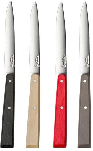 Opinel - Boîte de 4 Couteaux de Table N°125 Bon Appétit Loft - Lame Acier Inox - Manche Charme - Fabrication Française - Rouge, Noir, Bois Naturel et Poivre