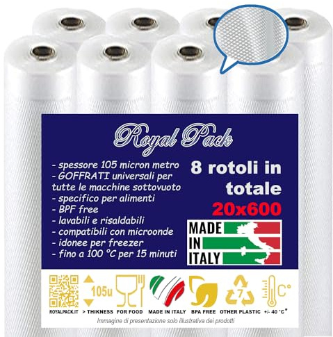 Royal Pack | 8 rotoli sottovuoto | 20x600 cm | goffrati da un lato e lisci dall'altro | made in Italy | BPA free | universali | riutilizzabili
