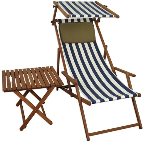 Erst-Holz Liegestuhl blau-weiß Gartenstuhl Tisch Sonnendach Kissen Deckchair Buche Strandstuhl 10-317STKD