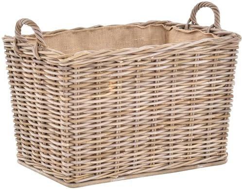 Stabiler Kaminholzkorb, Flechtkorb mit eingearbeitetem Jutestoff/Holzkorb Kaminkorb aus unbehandeltem Natur-Rattan Grau