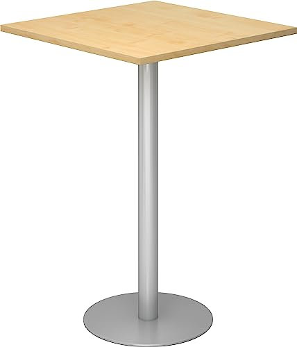 bümö Stehtisch Büro, Bistrotisch eckig 80 x 80 cm - Bartisch Ahorn, Stehtisch Holz-Platte, Säule aus Metall in Silber, Buffettisch, Säulentisch, Partytisch, Thekentisch, Hochtisch, Barmöbel