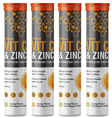 Vitamin C 1000mg & Zinc 15mg Orange Flavour Effervescent Tablets by Club Vits (4 Tubes of 20 Tablets)