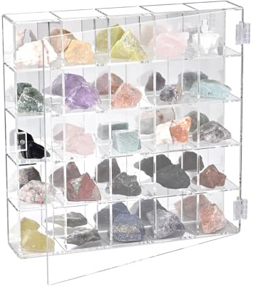 Ikee Design Mountable 25 Compartments Premium Acrylic Display Case Cabinet Stand with Mirrored Back, Clear Rock Display Shelves for Collectibles, Stones and Figures, 10.7 W x 2 D x 10.5 H in