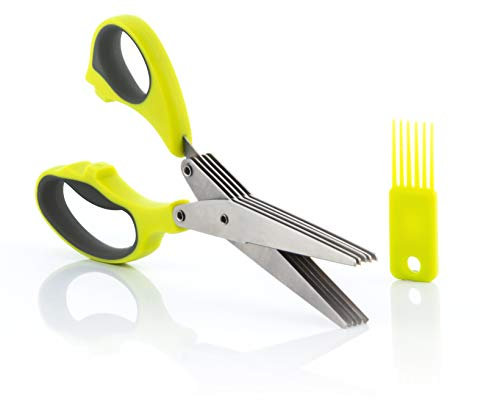InnovaGoods® Tijeras de Cocina Multicortes 5 en 1 FIVESSOR, Tijeras de Cocina con hojas de Corte Seguro y Preciso, Fácil de Usar y Limpiar, Material TPR/ABS/Acero inoxidable, Color Gris/Verde Limón