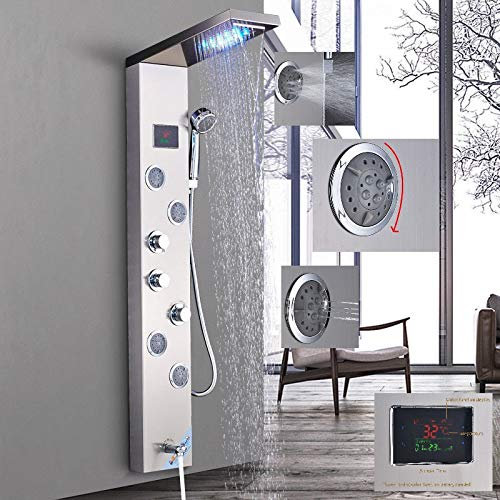 Pannello doccia a LED in acciaio inox con indicatore di temperatura e 4 getti massaggianti, colore: nichel spazzolato