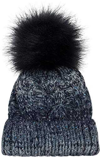 styleBREAKER Damen Strick Bommelmütze mit Zopfmuster Verlauf, Pailletten und Fleece Futter, Winter Fellbommel Mütze 04024170, Farbe:Dunkelblau-Grau