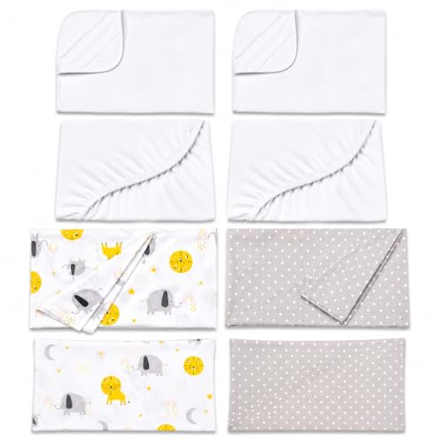 FlyIdeas Juego 8 Pza Sabanas Minicuna Colecho Next2Me 50x83cm, 100% Algodon Certif. con 2 Sabanas Bajeras 2 Protectores Colchon Impermeables 2 Sabanas Encimera y 2 Fundas de Almohada