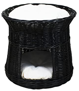 Katzenkorb zum Schlafen – Katzenhütte Indoor - Durchmesser: 50 cm rund – Katzenhöhle aus Weide – Zweistöckiger Hunde – oder Katzenbett – Schwarze Farbe – Mit beige Kissen