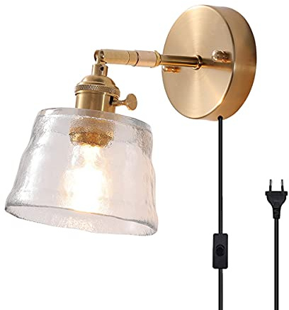 FREEDL Vintage Wandleuchte Schlafzimmer mit Schalter und Stecker Gold Wandlampe Innen mit Kabel E27 Schlafzimmer Nachttischlampe Glass Schirm Flur Badezimmer Spiegellampe Wandbeleuchtung