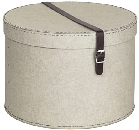 BIGSO RUT 2er-Set Aufbewahrungsbox mit Deckel – runde Ordnungsbox mit Lederriemen – große und kleine Hutschachtel aus Faserplatte und Papier in Leinenoptik – beige