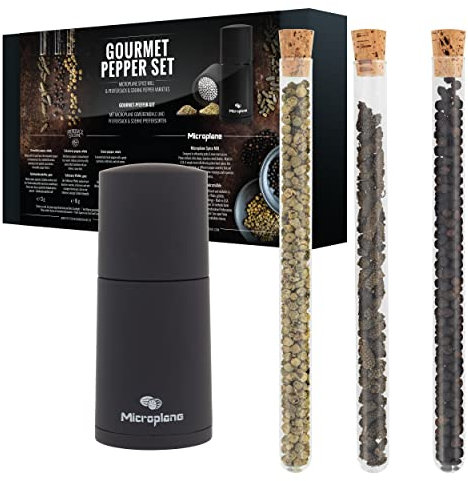 Microplane Gewürzmühle im Set mit Tellicherry Pfeffer, Grüner Pfeffer & Schokoladenpfeffer