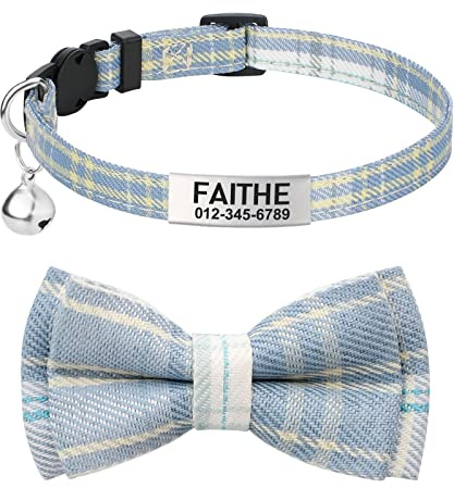 TagME Katzen halsbänder mit Namen und Telefonnummer Auf, Kätzchenhalsband mit Sicherheits Verschluss und Glöckchen, Plaid Hell blau