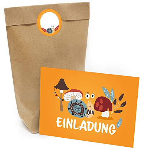 Kindergeburtstag Einladung Set mit je 8 Einladungskarten, Umschlägen, Tüten und Aufkleber - Wald Schnecke Pilze Orange