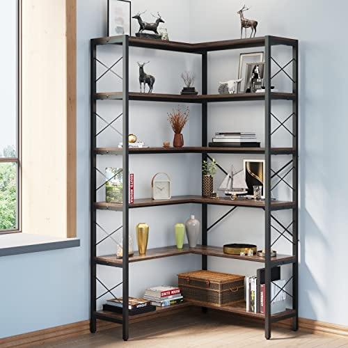 Wildhome 6-Regal eckregal stehend, Vintage industrielle eckregal Holz, Corner Shelf Regal mit Metallrahmen Offene Aufbewahrungsecke Schrank (Retro Brown-6 Regal) (Braun, 6- Etagen)