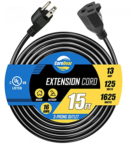 Heavy Duty Extension Cord (UL Listed) 3 Prong 15FT Outdoor Waterproof SJTW13A 1625W 125V 16AWG Weather Resistant, Flame Retardant, Flexible 3 Prong Extension Cord Black