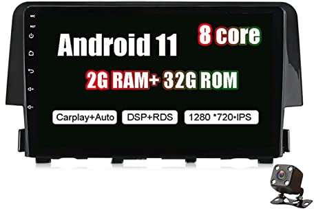 PLOKM Estéreo de Coche Android 11 9 Pulgadas Unidad Principal para Honda Civic 2016 2017 con cámara de visión Trasera Soporta DSP Dab + Bluetooth WiFi FM RDS Radio Stereo Car Audio Video Radio Player