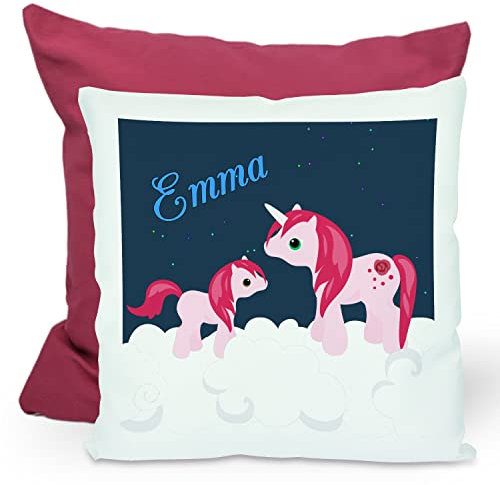 CreaDesign, Kinder Kissen 40x40 cm personalisiert mit Namen, Kinderzimmer Deko Kissen Kinder mit Füllung Federn, Motiv Einhorn, Rückenfarbe Lila