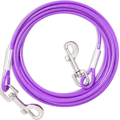 Cable de amarre morado para perros, cable de alambre de acero de 9 m con clips duraderos para perros pequeños y grandes