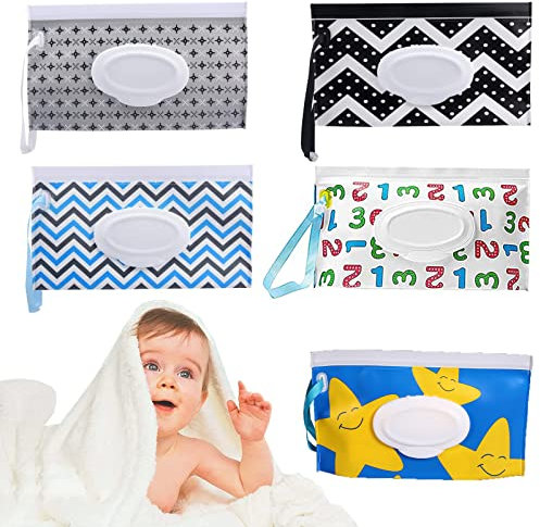 5 PCS Baby Wet Wipes Pouches,Travel Wet Wipes Bags, Portable Baby Wipe Case,Travel Wet Wipe Box Holder with Lid for Home Office Organiser,Wet Wipe Dispenser for Baby and Adult