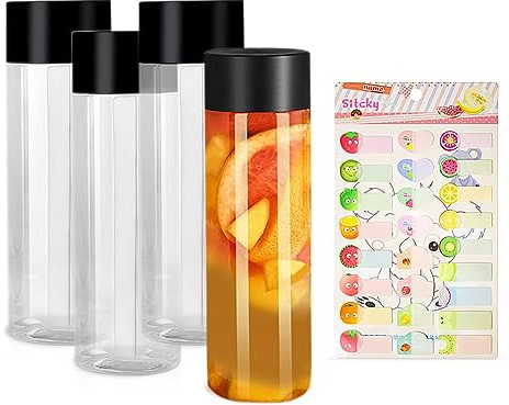 LSYYSL Quattro bottiglie di succo cilindriche trasparenti in plastica da 13,5 OZ (400ml), un adesivo per frutta, adatte per conservare tè, succhi di frutta e bevande preparate a freddo