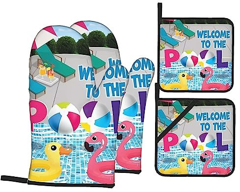 Flamingo und Schwimmbad Ofenhandschuhe und Topflappen Set Hitzebeständige Ofenhandschuhe und Topflappen BBQ Handschuhe Hot Pads Kochhandschuhe für Küche Backen Grillen 4-teiliges Set