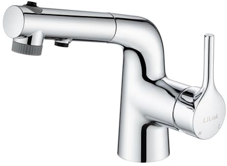 LJLink Waschtischarmatur mit ausziehbarer Brause Wasserhahn Bad mit 3 Strahlarten, Einhebelmischer Badarmatur Waschbecken Mischbatterie Armatur Waschbecken für Badezimmer, Silber