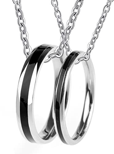 Gualiy Halskette mit Gravur Paare, Männer Halskette Edelstahl Silber Ring mit Schwarz Emaille Halskette Damen 47 + Herren 54