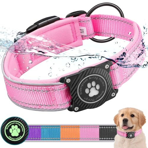 Ytanest Leuchtend AirTag Hundehalsband Halter 100% Wasserdicht Integriertes Apple Air Tag Reflektierend für mittlere große Hunde, Rosa, M
