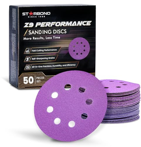 Starbond 5 Inch Sanding Discs — Premium Ceramic Hybrid, Self-Sharpening, Faster & More Cutting Power — 8-Hole Hook & Loop Orbital Pads for Woodworking, Metal & Auto Body, 50 Pack (80/120/180/240 Grit)