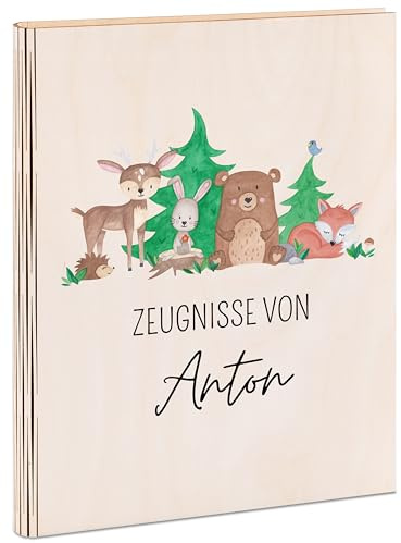 wunderwunsch® - Personalisierte Zeugnismappe aus Holz mit hochwertigem Spezial-Druck - Einschulung Geschenk - Waldtiere