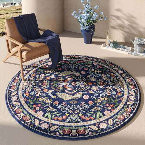 Rugcomf Runder Teppich, 182 cm, waschbar, Blumenmuster, rutschfest, niedriger Flor, kleiner runder Teppich für Schlafzimmer, Badezimmer, Eingangsbereich, Kinderzimmer, Büro (Blau)