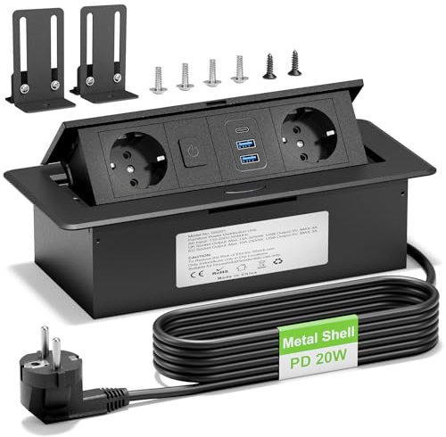 Ciabatta elettrica a scomparsa con USB C PD20W, in alluminio, a scomparsa con interruttore, 2 prese USB A per piano di lavoro, ufficio, cavo da 1,8 m, colore: nero