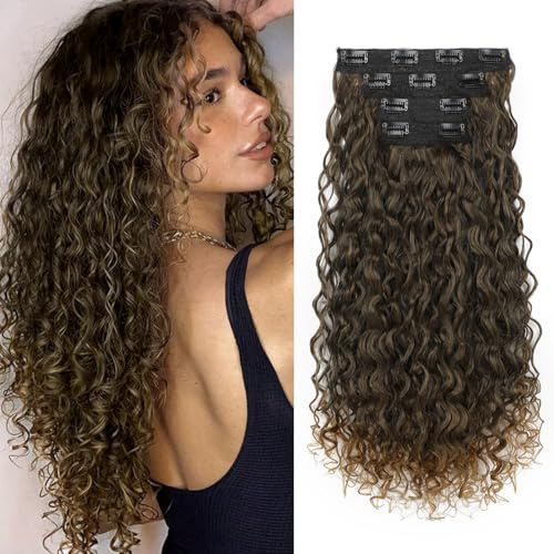 FLUFYMOOZ Haarverlängerungen Clip-in Haarverlängerungen, 4-teilig, 100% reine Proteinsiede, Haarver längerungen, lang, weich, natürlich, 50 cm, (Dunkelbraun bis schmutzig blond)