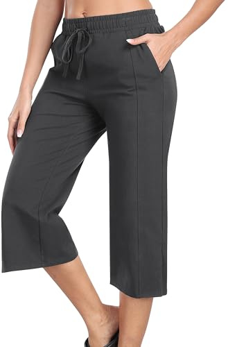 JINSHI Dam, 3/4 byxor, sommar, capribyxor, bomull, fritidsbyxor, joggingbyxor, utomhusbyxor, yoga, sportbyxor, sweatbyxor med ficka, Mörkgrå, 3XL
