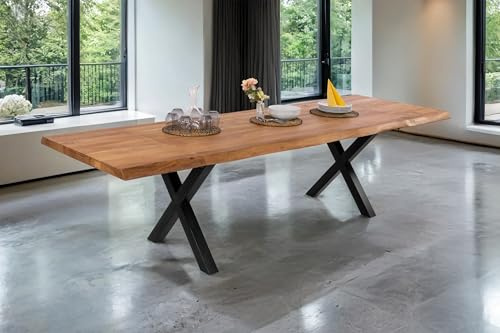 SAM Esstisch Cali 200(300) x100 Akazie Natur X-Gestell schwarz | Baumkantentisch massiv, Akazienholz naturfarben, ausziehbar, erweiterbar mit Ansteckplatten, echte Baumkante