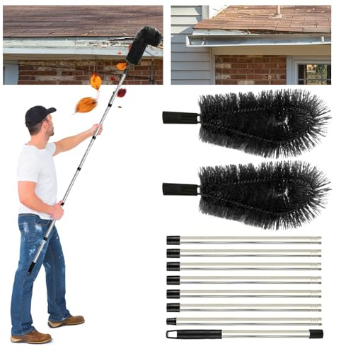 Gutter Cleaning Brush Extendable Guard Cleaner Tool with 8 Pcs Telescoping Handle Extension Pole 10ft, Gutter Cleaning Tools from The Ground for Easy Removing Leaves Debris Window Cleaner (Black)