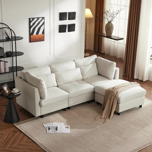Ymkua Ecksofa, Sofa mit Fußstütze, L-Form Couch, Eckcouch mit Rückenlehne und Fußhocker, Dreisitzer-Sofa, Polstersofa, Schlafsofa für Wohnzimmer und Schlafzimmer, Linen, 220x83x81cm (Beige)