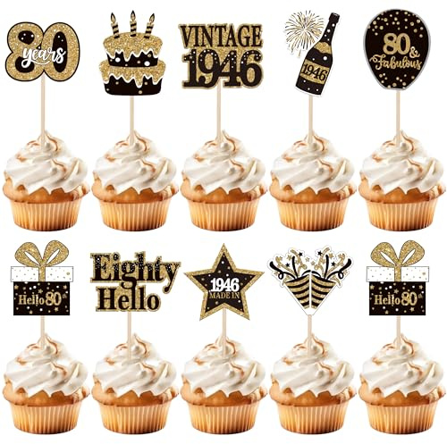 SYKYCTCY 36 Pack Happy 80th Birthday Cupcake Toppers Glitter Hello 80 Eighty Vintage 1946 Cupcake Picks Cheers to 80 Birthday Party Decorations for 80th Birthday Anniversary Party Cake Decorations