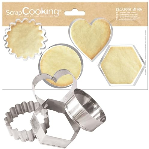 ScrapCooking - 4 Emporte-Pièces à Biscuits - Découpoirs en Inox - Moules pour Petits Gâteaux –Accessoires Pâtisserie - Rond, Cannelé, Cœur, Hexagone - 2064