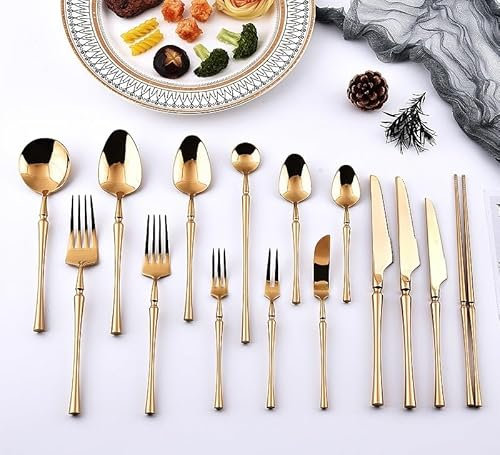 Posate in argento, set di posate in acciaio inossidabile 304 da 15 pezzi, coltello da bistecca, forchetta e cucchiaio, coltello da dessert, set di forchette e cucchiai, oro-6 set