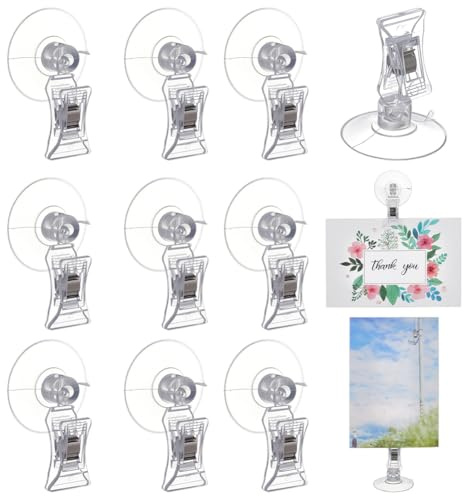 FINGERINSPIRE 12Pcs Suction Cup Clip, Plastic Advertising Pop Display Business Cards Holder Stand Clear Clamps Window Glass Suction Cup with Clip for Hanging Kitchen Bathroom Office Accessories