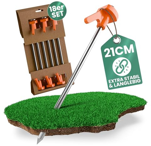 18 Stück Zeltheringe 21 cm - Rostfreie, stabile Zeltnägel aus Metall mit Halterung für Spannseile - für alle Bodenarten - ideal für Camping & Outdoor, mit gut sichtbarem orangefarbenem Kunststoffkopf