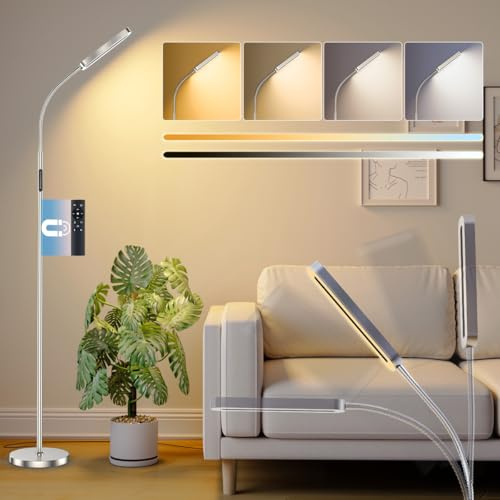 Amdelne Stehlampe Wohnzimmer Silber, Moderne Stehlampe LED Dimmbar, 12W 1400LM Stehleuchte Leselampe mit Fernbedienung, 6 Szenenmodi, Timing-Funktion, Sofa Lampe für Schlafzimmer Arbeitszimmer Büro
