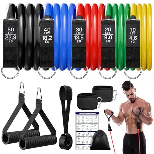 Fokky Gomas Elasticas Musculacion, 5 Diferentes Niveles de Bandas Elasticas Musculación con Anclaje para Puerta, Asas, Correa para Tobillo, Ideal para Pilates, Yoga, Desarrollo Muscular