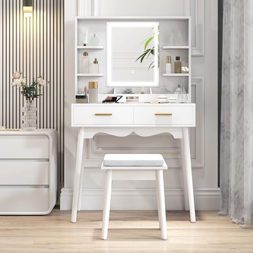 HOMCOM Dressing Table with Mirror and Stool, Modern Makeup Table White
