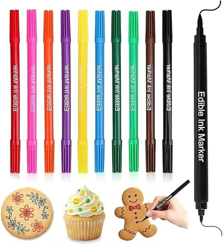 10PCS Edible Food Colouring Pen Fondant Icing Pens Dual Tip for DIY Fondant | Food Coloring Pens for DIY Writing and Drawing Fondant, Cakes, Cookies, Eggs, Frosting, Chocolates, Baking Dessert Decorating