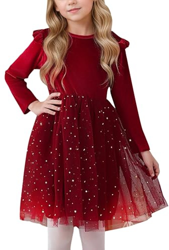 SEAUR Robe en Velours pour Filles à Manches Longues Princesse Robe Tulle Tout-Petit Fête Noël avec Paillettes 7-8 Ans
