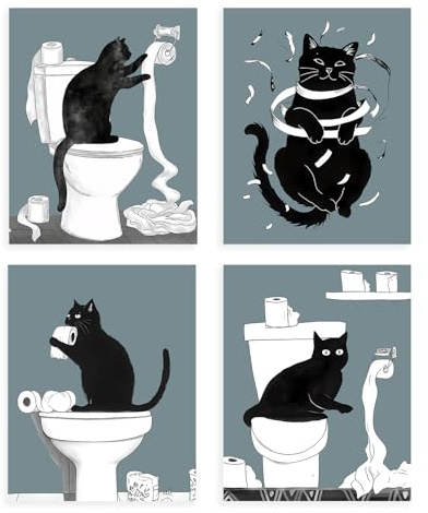 Dazzlewall 4Pcs Lustige Katze Badezimmer Wandkunst, Schwarze Katze Abrollen Toilette Papier Badezimmer Wanddekoration Druck Grau Blau Schrullige Tierfarbe, 8x10 zoll Ungerahmt