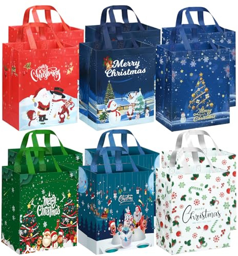 DECHISY 12 Stück Geschenktüten Weihnachten, Non Woven Weihnachtstüten mit Griffen, Weihnachtsgeschenktüten mit 6 Designs, Wiederverwendbare, Zur Aufbewahrung von Geschenken, Partyzubehör 27×20×10.2 cm