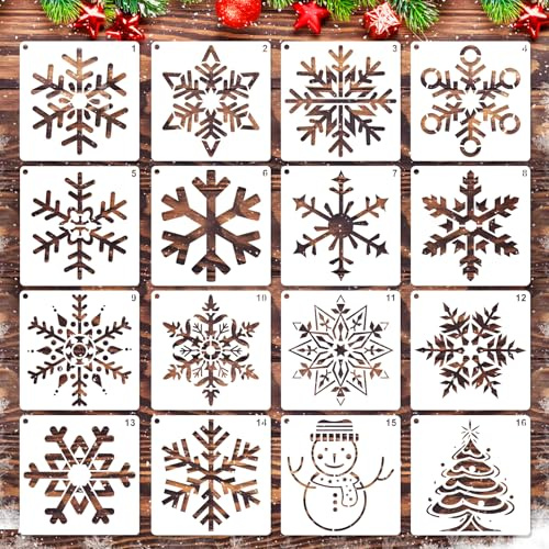MWOOT 16 Stück Schneeflocken Schablonen, Wiederverwendbare Malerei Vorlage, Schneeflocken Schablonen Vorlage zum Malen, DIY Snowflake Stencils Schablone Malen für Leinwand Möbel Handwerk (15x15 CM)